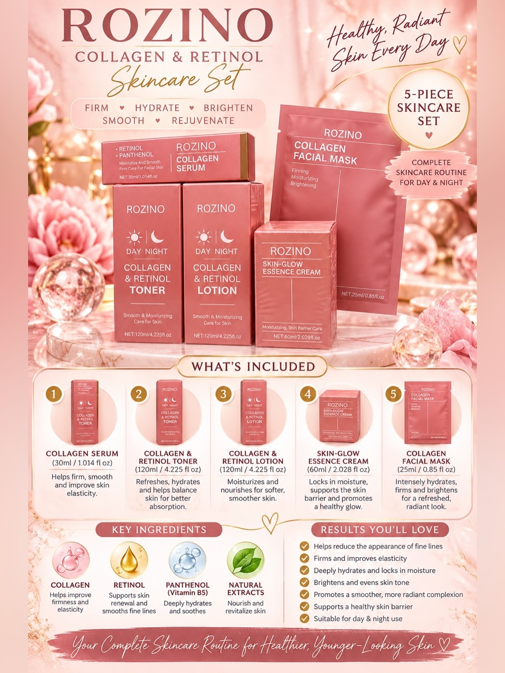 Rozino Collagen & Retinol Skincare Set – Pink